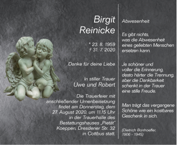 Traueranzeige von Birgit Reinicke von lausitzer_rundschau
