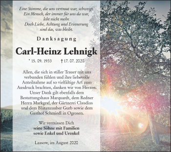 Traueranzeige von Carl-Heinz Lehnigk von lausitzer_rundschau