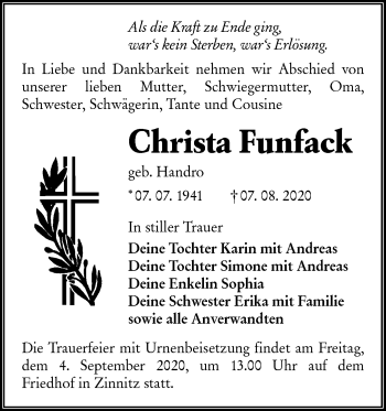 Traueranzeige von Christa Funfack von lausitzer_rundschau