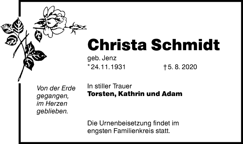  Traueranzeige für Christa Schmidt vom 21.08.2020 aus lausitzer_rundschau