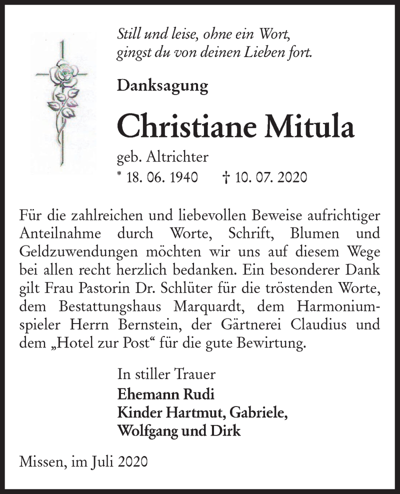  Traueranzeige für Christiane Mitula vom 08.08.2020 aus lausitzer_rundschau