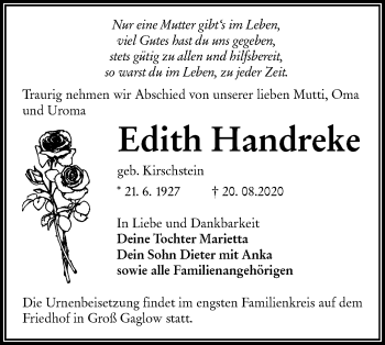 Traueranzeige von Edith Handreke von lausitzer_rundschau