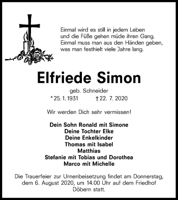 Traueranzeige von Elfriede Simon von lausitzer_rundschau