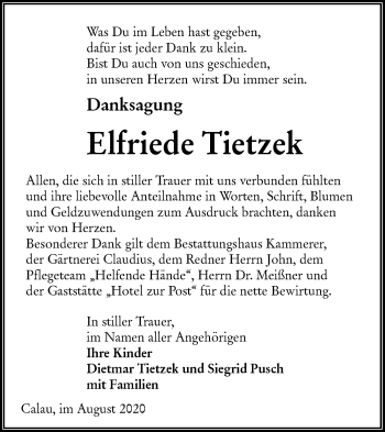 Traueranzeige von Elfriede Tietzek von lausitzer_rundschau