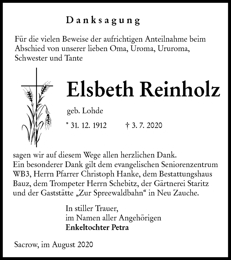  Traueranzeige für Elsbeth Reinholz vom 22.08.2020 aus lausitzer_rundschau