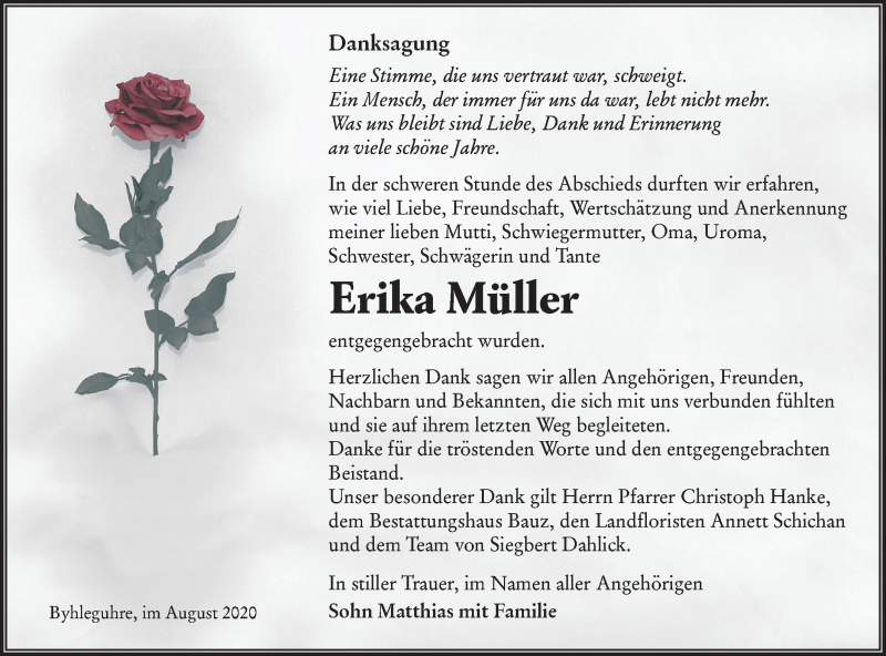  Traueranzeige für Erika Müller vom 22.08.2020 aus lausitzer_rundschau
