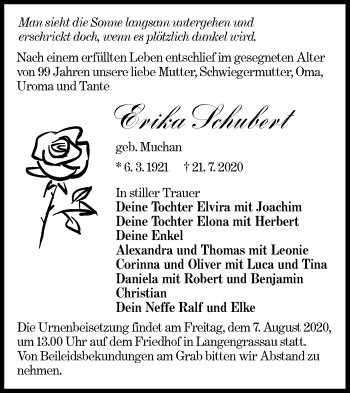 Traueranzeige von Erika Schubert von lausitzer_rundschau