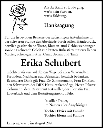 Traueranzeige von Erika Schubert von lausitzer_rundschau