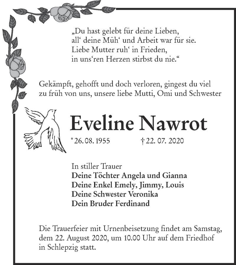  Traueranzeige für Eveline Nawrot vom 08.08.2020 aus lausitzer_rundschau