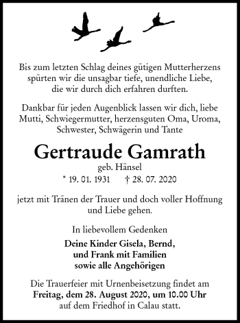 Traueranzeige von Gertraude Gamrath von lausitzer_rundschau
