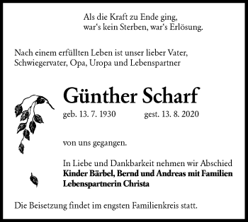 Traueranzeige von Günther Scharf von lausitzer_rundschau