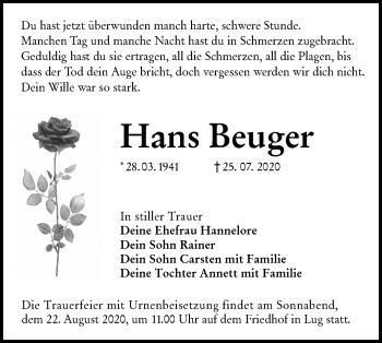 Traueranzeige von Hans Beuger von lausitzer_rundschau