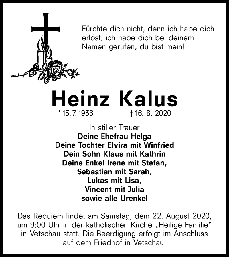  Traueranzeige für Heinz Kalus vom 19.08.2020 aus lausitzer_rundschau