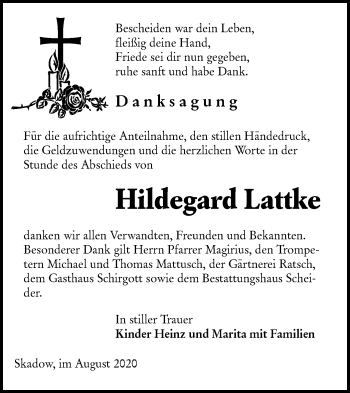 Traueranzeige von Hildegard Lattke von lausitzer_rundschau