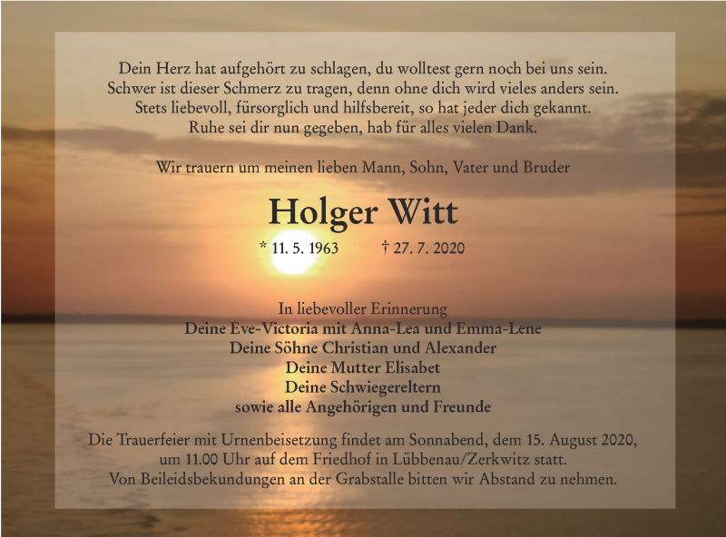  Traueranzeige für Holger Witt vom 08.08.2020 aus lausitzer_rundschau