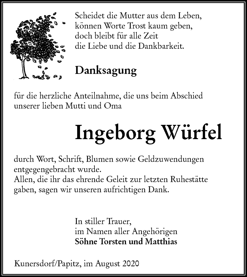  Traueranzeige für Ingeborg Würfel vom 22.08.2020 aus lausitzer_rundschau
