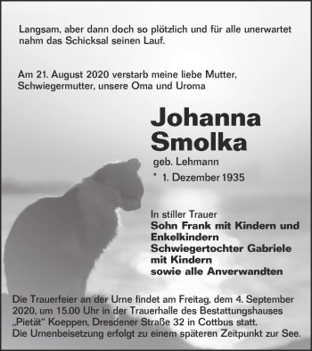 Traueranzeige von Johanna Smolka von lausitzer_rundschau