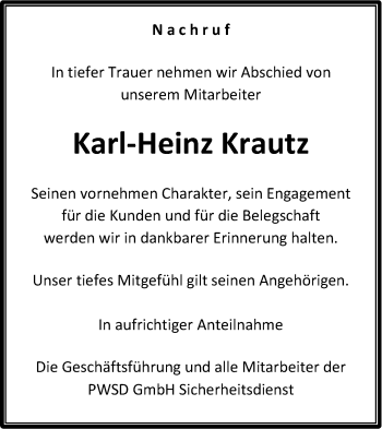 Traueranzeige von Karl-Heinz Krautz von lausitzer_rundschau