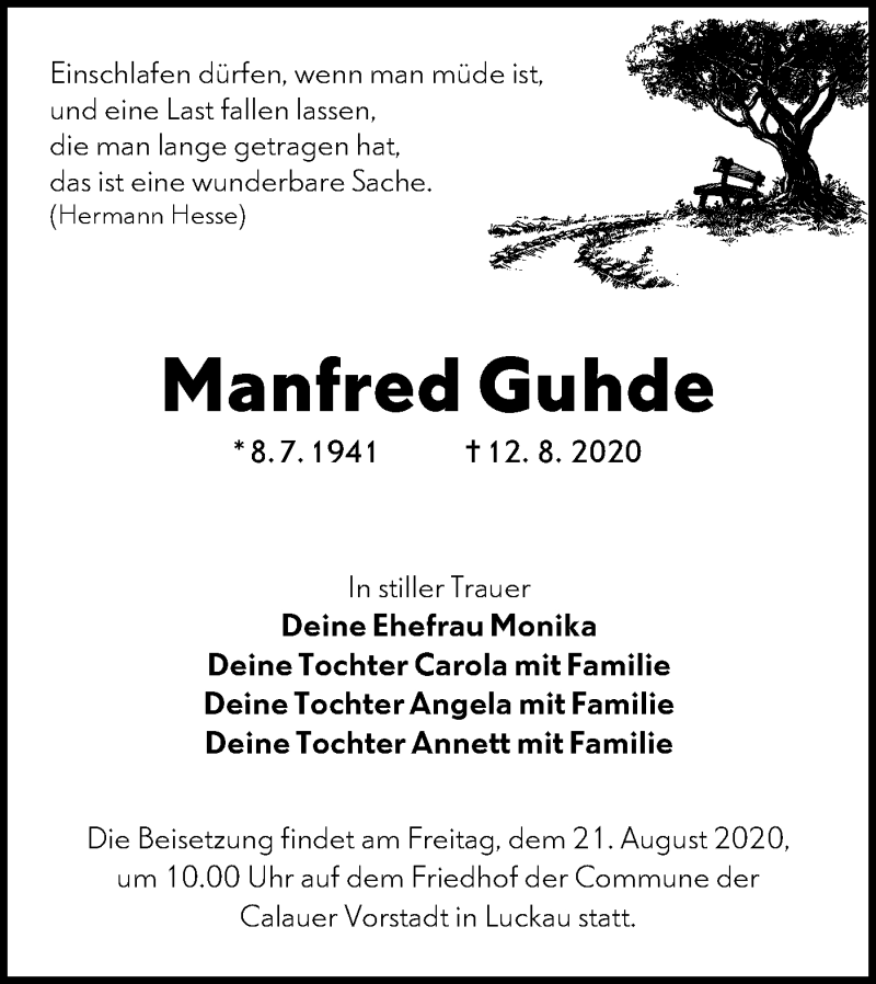 Traueranzeige für Manfred Guhde vom 15.08.2020 aus lausitzer_rundschau