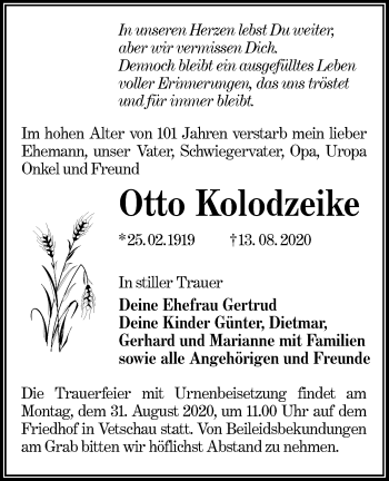 Traueranzeige von Otto Kolodzeike von lausitzer_rundschau