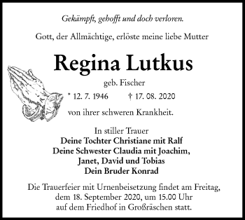 Traueranzeige von Regina Lutkus von lausitzer_rundschau