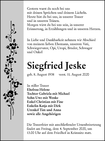 Traueranzeige von Siegfried Jeske von lausitzer_rundschau