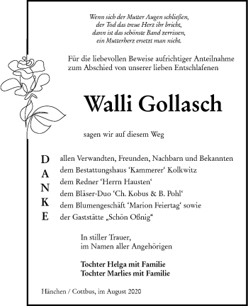 Traueranzeige von Walli Gollasch von lausitzer_rundschau