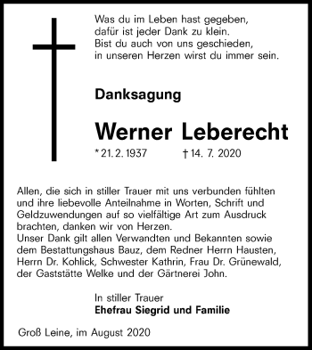Traueranzeige von Werner Leberecht von lausitzer_rundschau