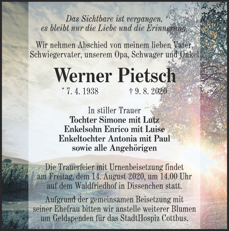  Traueranzeige für Werner Pietsch vom 12.08.2020 aus lausitzer_rundschau