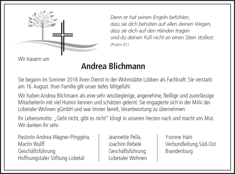  Traueranzeige für Andrea Blichmann vom 05.09.2020 aus lausitzer_rundschau