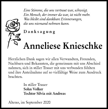 Traueranzeige von Anneliese Knieschke von lausitzer_rundschau