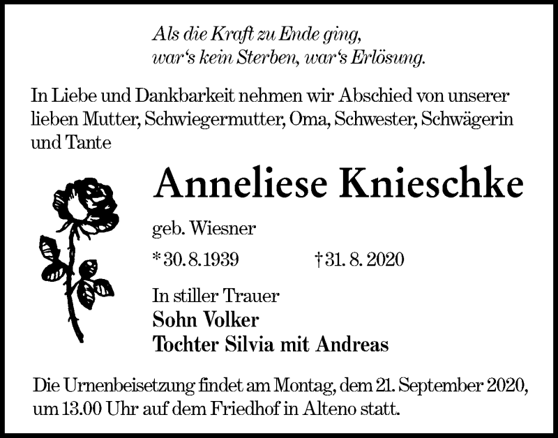  Traueranzeige für Anneliese Knieschke vom 05.09.2020 aus lausitzer_rundschau