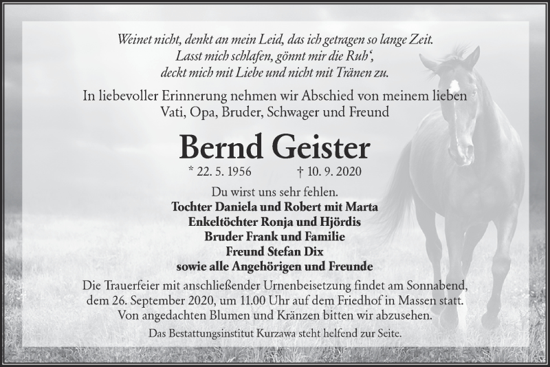  Traueranzeige für Bernd Geister vom 19.09.2020 aus lausitzer_rundschau
