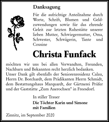 Traueranzeige von Christa Funfack von lausitzer_rundschau