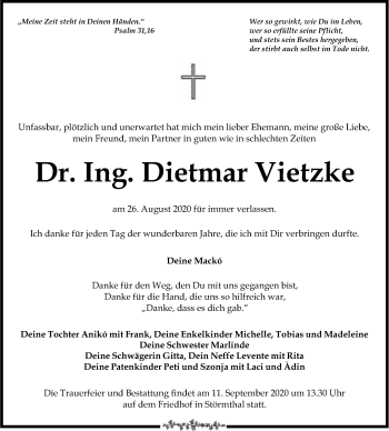 Traueranzeige von Dietmar Vietzke von lausitzer_rundschau