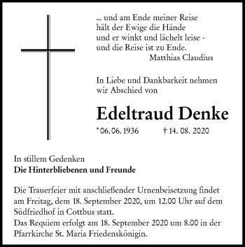 Traueranzeige von Edeltraud Denke von lausitzer_rundschau