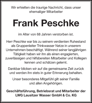 Traueranzeige von Frank Peschke von lausitzer_rundschau