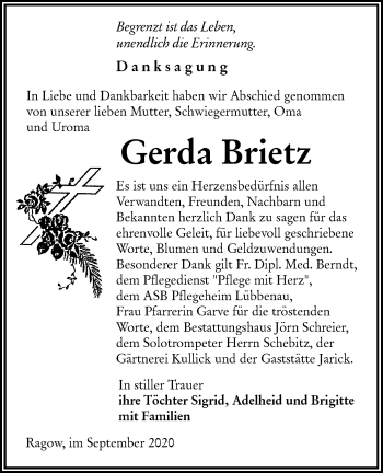 Traueranzeige von Gerda Brietz von lausitzer_rundschau