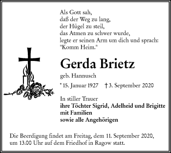 Traueranzeige von Gerda Brietz von lausitzer_rundschau