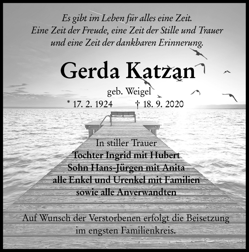  Traueranzeige für Gerda Katzan vom 26.09.2020 aus lausitzer_rundschau