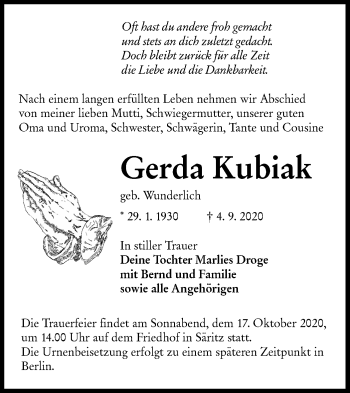 Traueranzeige von Gerda Kubiak von lausitzer_rundschau