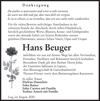 Traueranzeige von Hans Beuger von lausitzer_rundschau