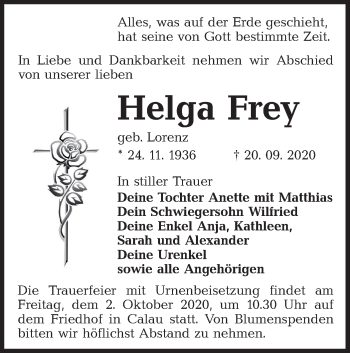 Traueranzeige von Helga Frey von lausitzer_rundschau
