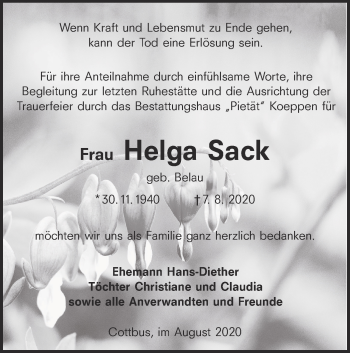 Traueranzeige von Helga Sack von lausitzer_rundschau