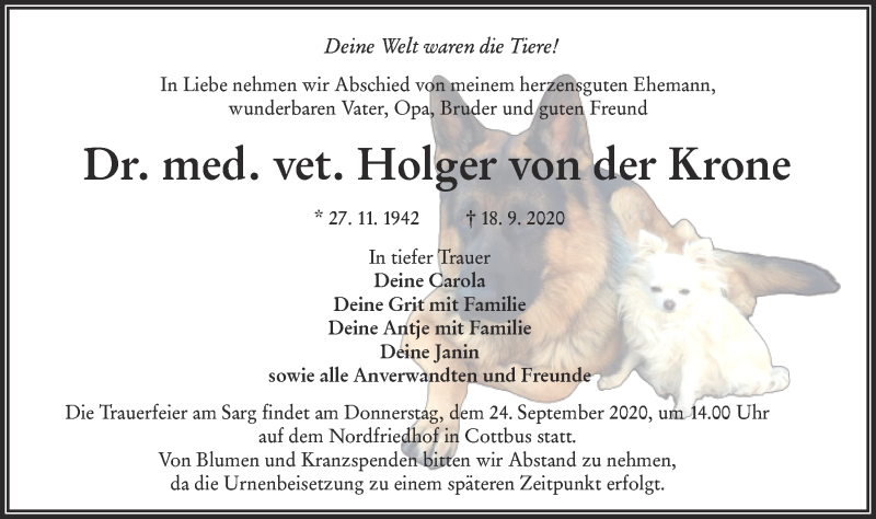  Traueranzeige für Holger von der Krone vom 22.09.2020 aus lausitzer_rundschau