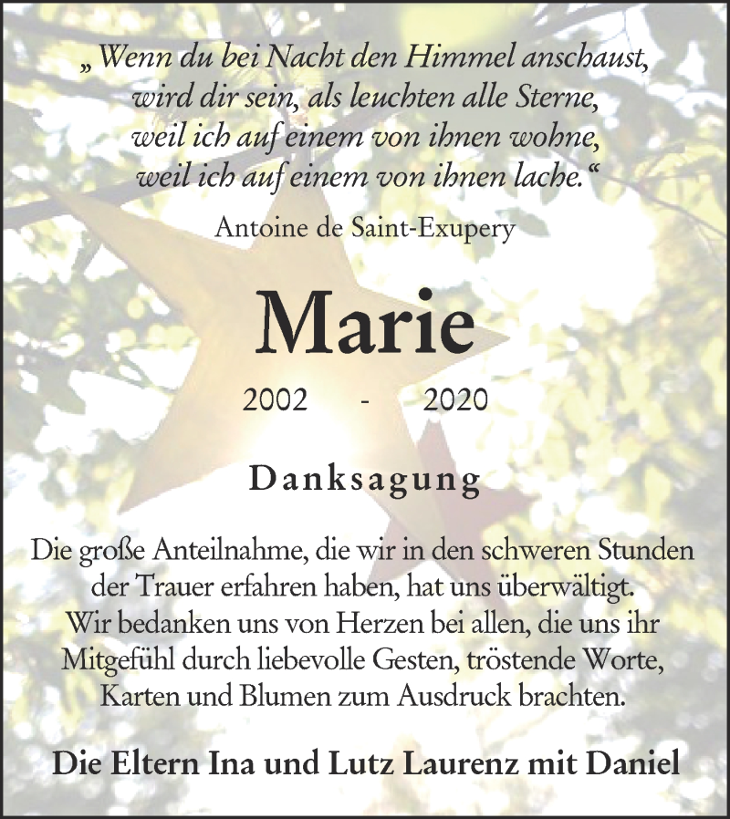  Traueranzeige für Marie Laurenz vom 26.09.2020 aus lausitzer_rundschau