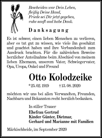 Traueranzeige von Otto Kolodzeike von lausitzer_rundschau