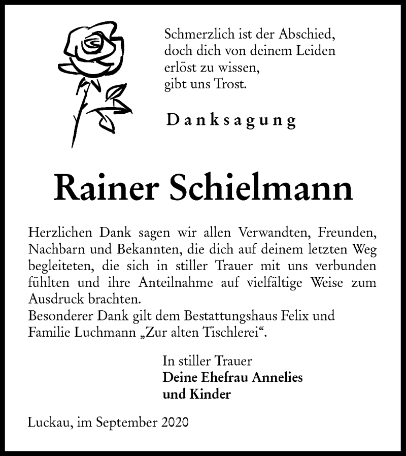  Traueranzeige für Rainer Schielmann vom 19.09.2020 aus lausitzer_rundschau