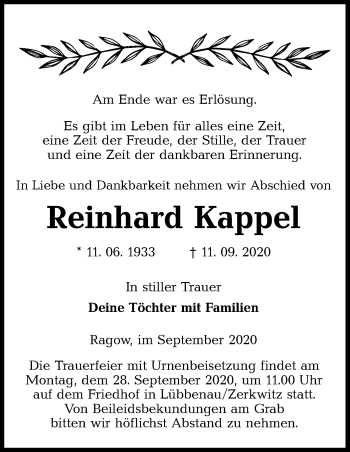 Traueranzeige von Reinhard Kappel von lausitzer_rundschau