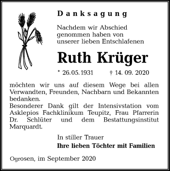 Traueranzeige von Ruth Krüger von lausitzer_rundschau